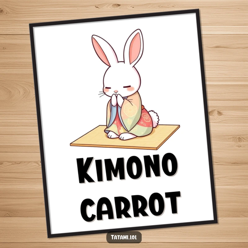 Funny Free Printable Wall Art: A rabbit in a colorful kimono gracefully bowing on a tatami mat, exuding peacefulness, humorous downloadable decor.