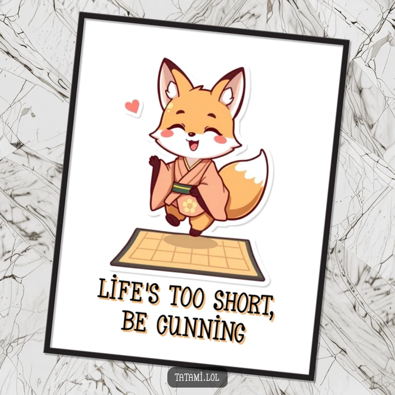 Funny Free Printable Wall Art: Happy fox wearing kimono, playfully hopping onto a mat, whimsical downloadable decor.