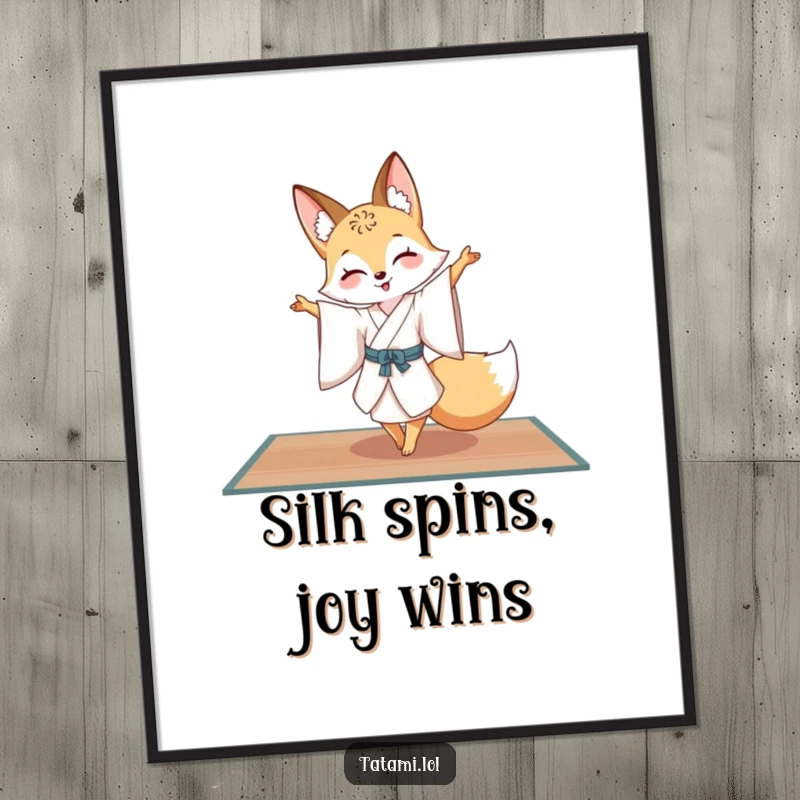 Funny Free Printable Wall Art: A cheerful fox in a silk kimono performing a graceful pirouette on a tatami mat, artful design.