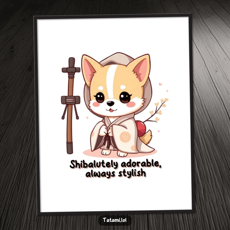 Funny Free Printable wall art of a cute dog in a kimono, playfully peeking from behind a sho protector, adding charm.