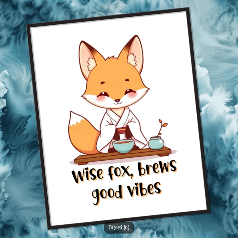 Funny Free Printable wall art depicting a fox in a kimono, gracefully practicing a tea ceremony with a humorous twist.
