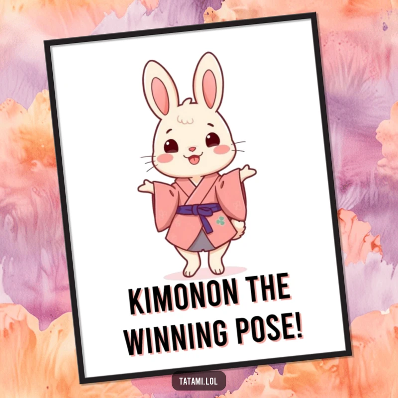 Funny Free Printable Wall Art: Cheerful rabbit in a kimono expertly balances on hind legs, adding whimsical decor.