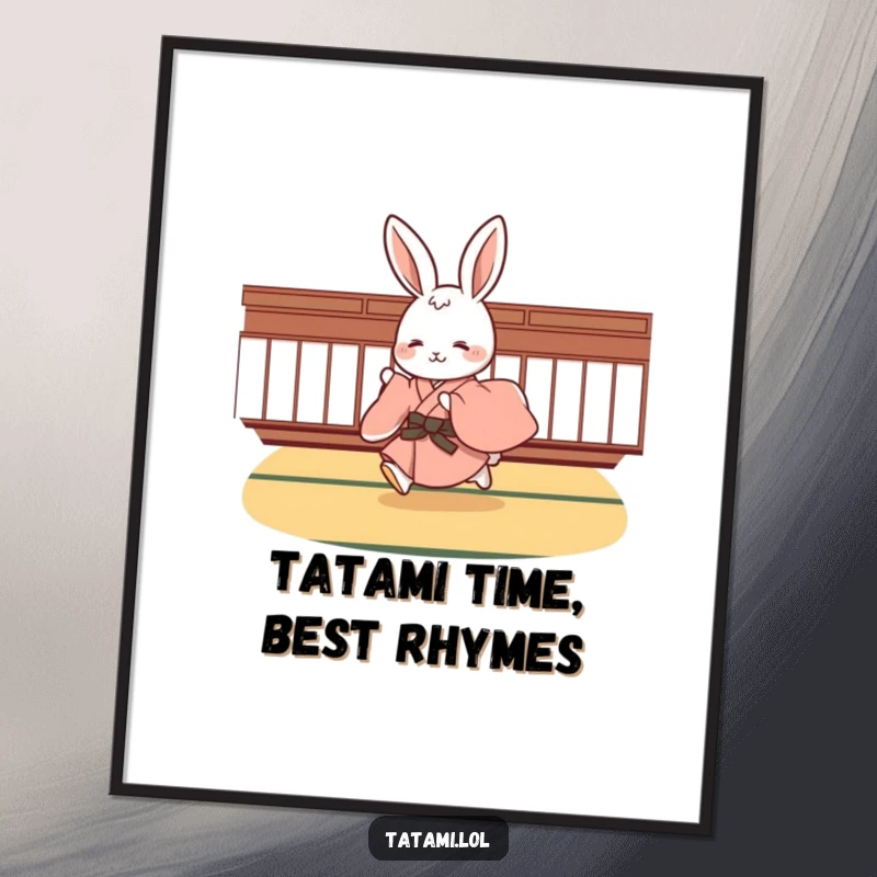 Funny Free Printable Wall Art: A cute rabbit in a flowing kimono playfully hopping across a tatami floor, adding whimsy.
