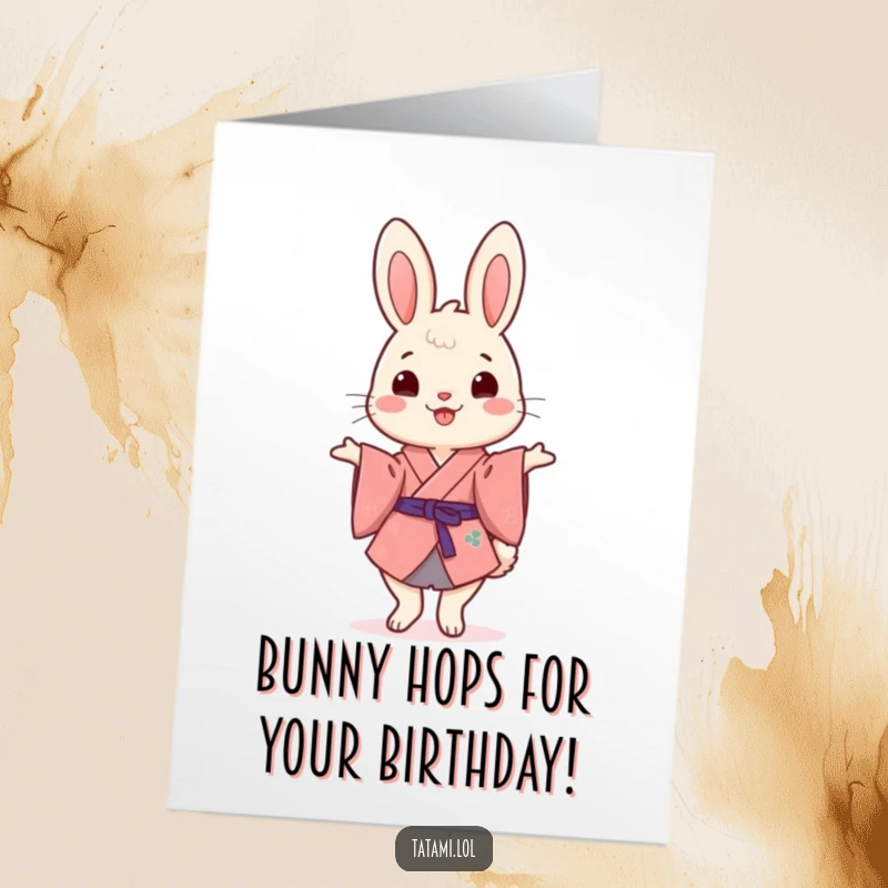 Funny Free Printable Birthday Card: Cheerful rabbit in a kimono masterfully balances on hind legs, bringing joy.