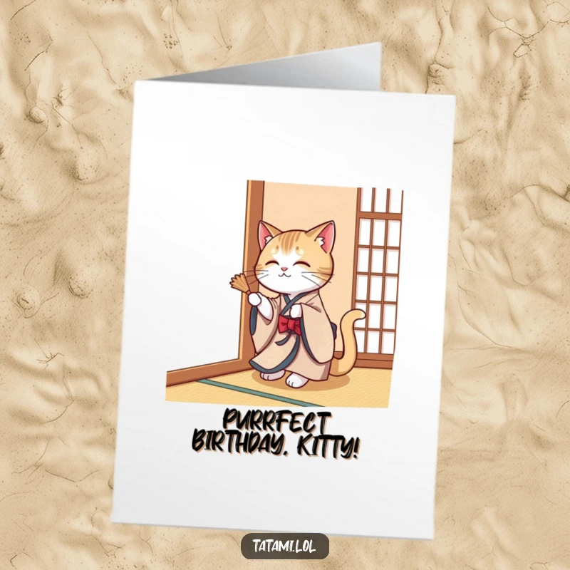 Funny Free Printable Birthday Card: Elegant cat in a kimono playfully swatting a tatami mat corner with a mischievous grin, a DIY gift.