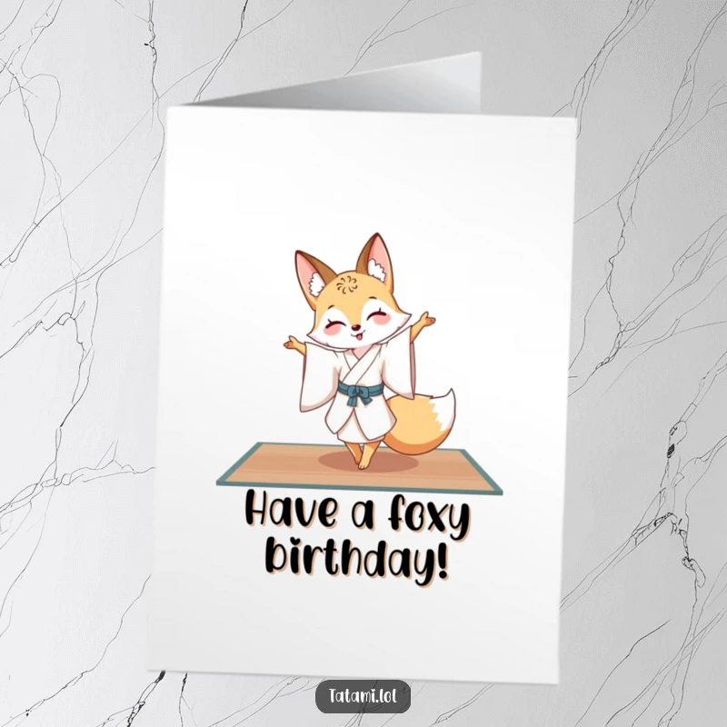 Funny Free Printable Birthday Card: Cheerful fox in a silk kimono gracefully pirouetting on a tatami mat for a birthday.