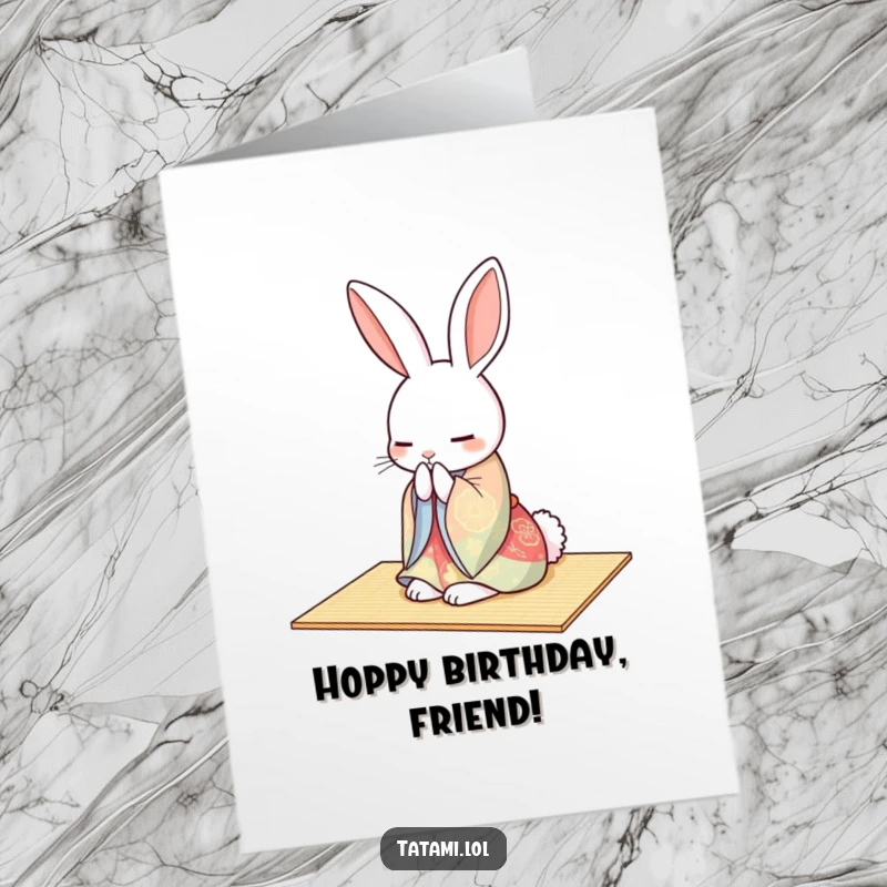 Funny Free Printable Birthday Card: Rabbit in a colorful kimono gracefully bowing on a tatami mat, a polite and charming DIY gift.