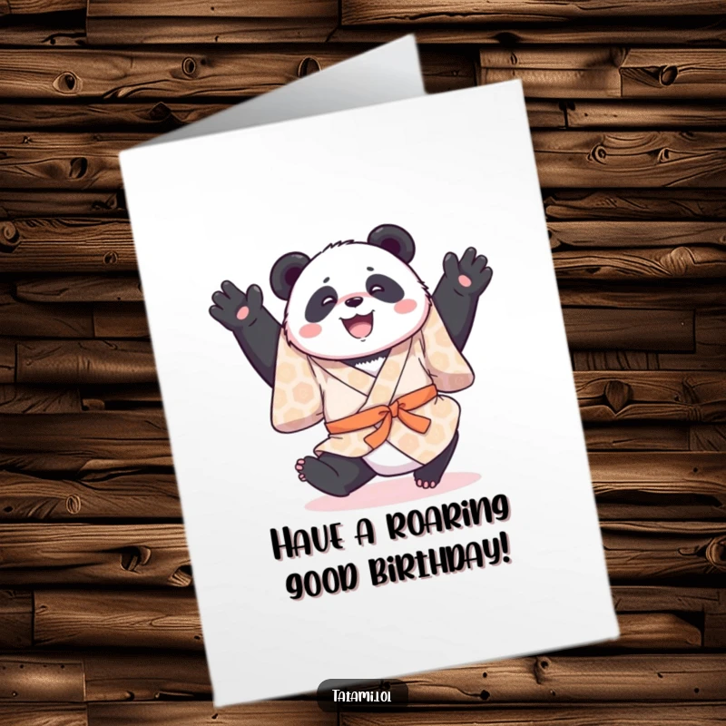 Funny Free Printable birthday card featuring a joyful panda in a patterned kimono doing a playful, gentle somersault.