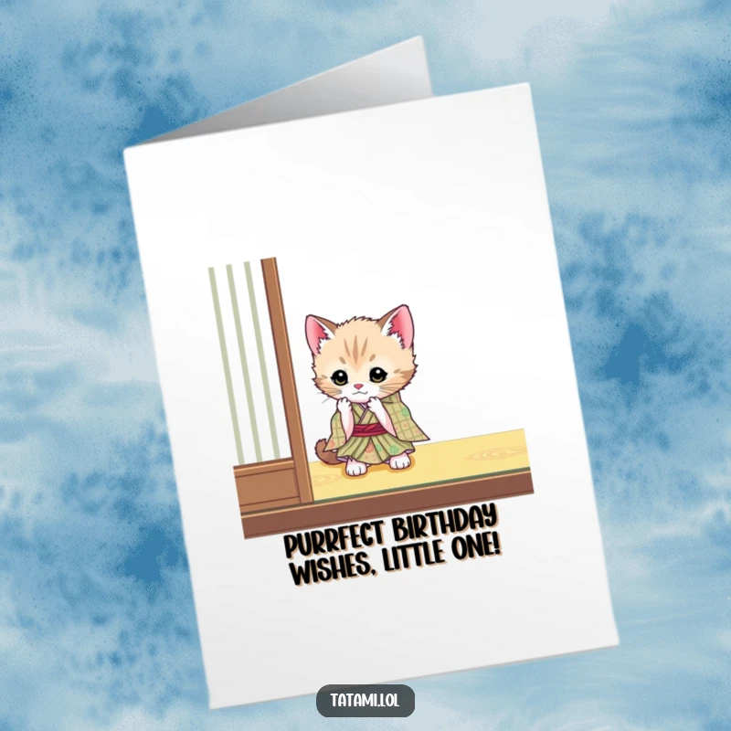 Funny Free Printable Birthday Card: Kitten in kimono batting mat, playful mischief, adorable humorous downloadable gift.