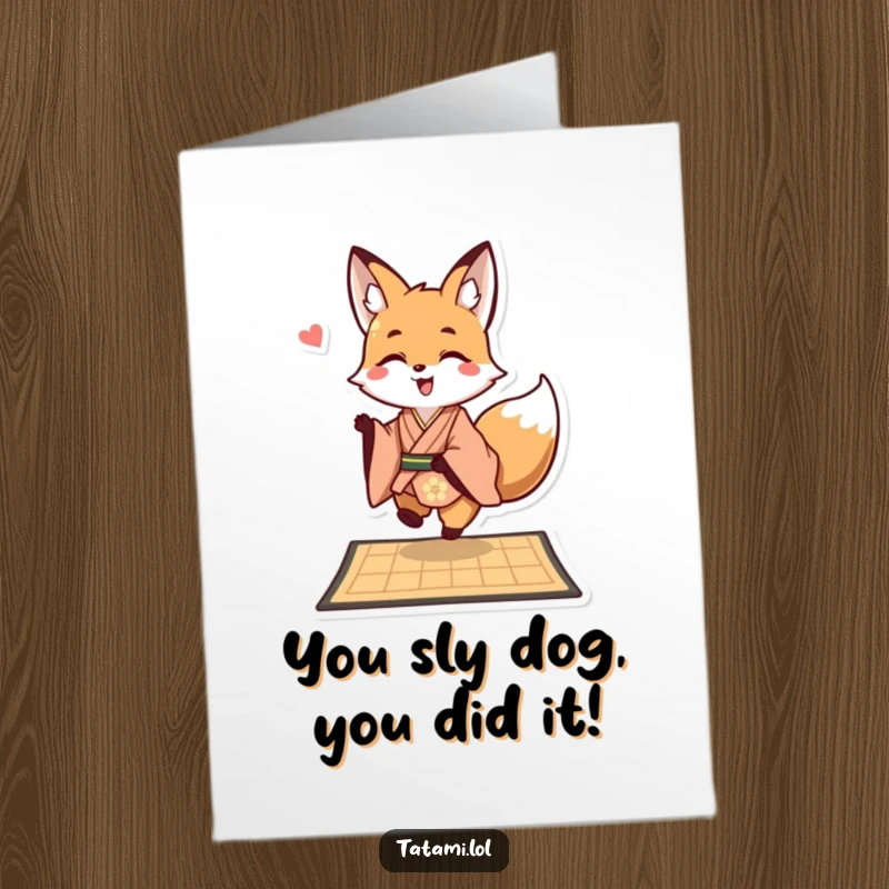 Funny Free Printable Congrats Card: Fox character in kimono hopping, happy expression, humorous downloadable art gift.