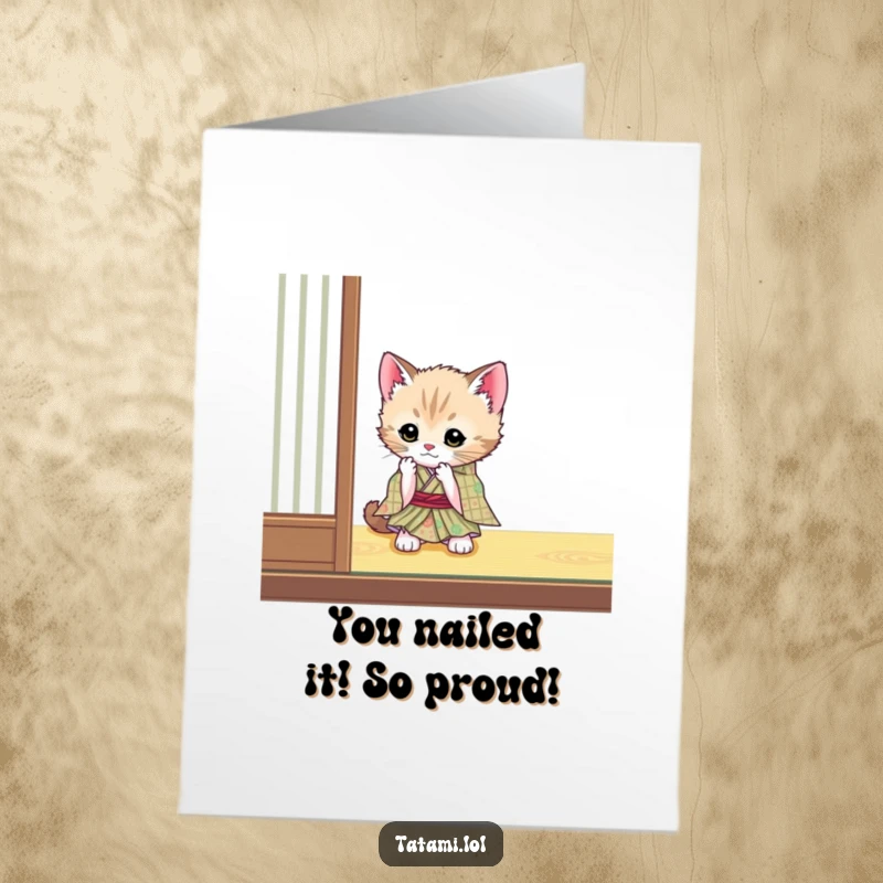 Funny Free Printable Congrats Card: Kitten in kimono playing, batting playfully, cute humorous downloadable art gift.