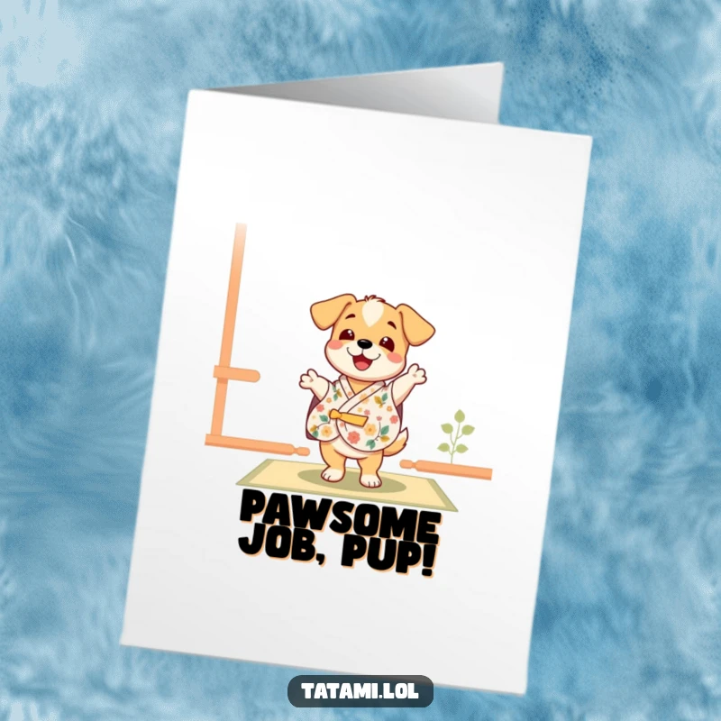 Funny Free Printable Congrats Card: Happy puppy in a floral kimono dancing energetically on a tatami mat, celebrating success.