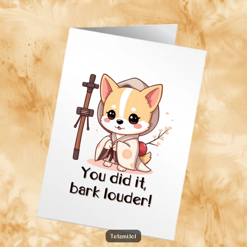 Funny Free Printable congratulations card: a cute dog in a kimono peeks out, ready to celebrate an achievement.