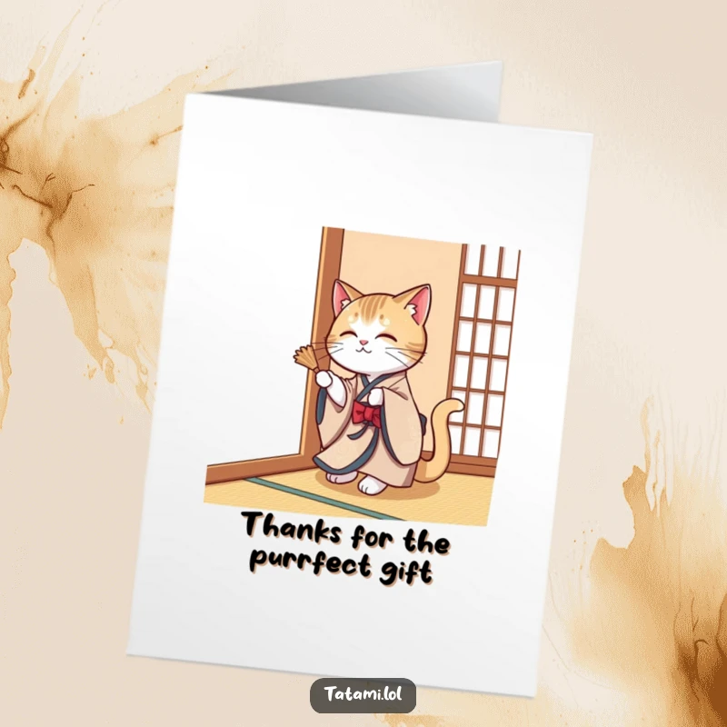 Funny Free Printable Thank You Card: An elegant cat in a kimono playfully swatting a tatami mat, a humorous way to say thank you, DIY gift.