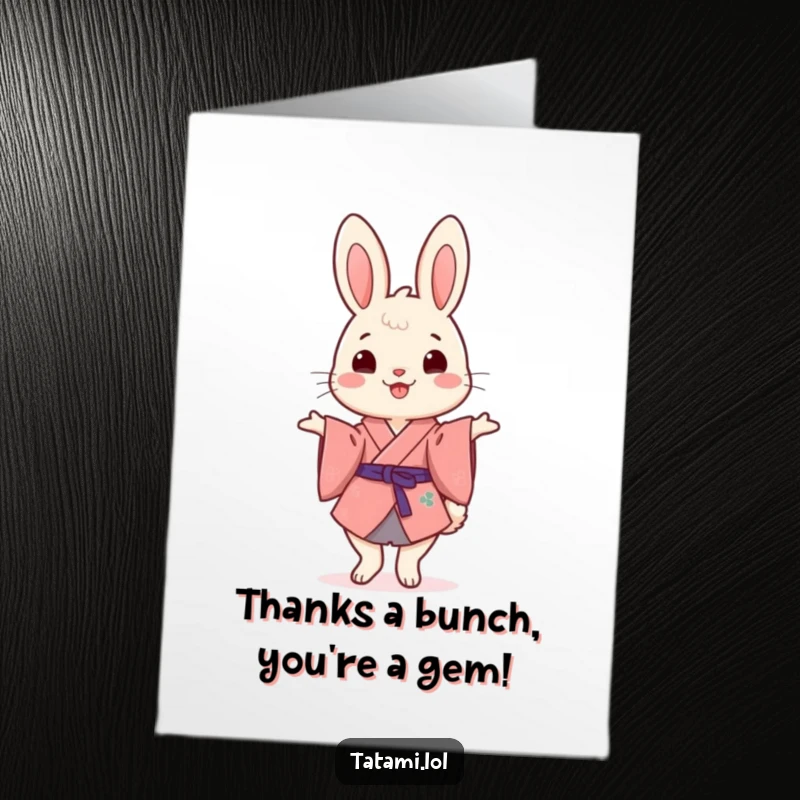 Funny Free Printable Thank You Card: Elegant rabbit in a kimono gracefully balances on hind legs, expressing thanks.