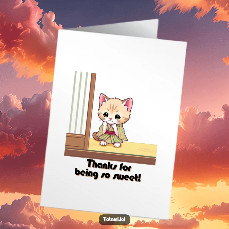 Funny Free Printable Thank You Card: Kitten in kimono, batting mat corner, cute playful expression, humorous downloadable gift.