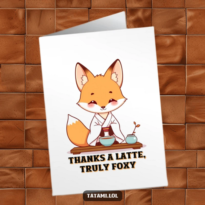 Funny Free Printable thank you card with a fox in a kimono, peacefully performing a tea ceremony to show appreciation.