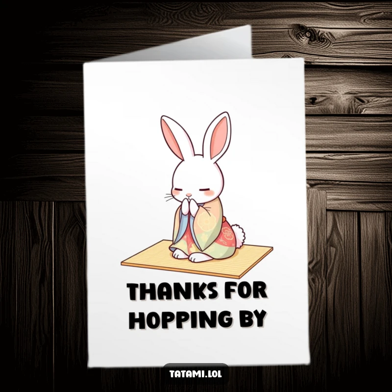 Funny Free Printable Thank You Card: A rabbit in a colorful kimono gracefully bowing on a tatami mat, a beautiful and thoughtful DIY downloadable gift.