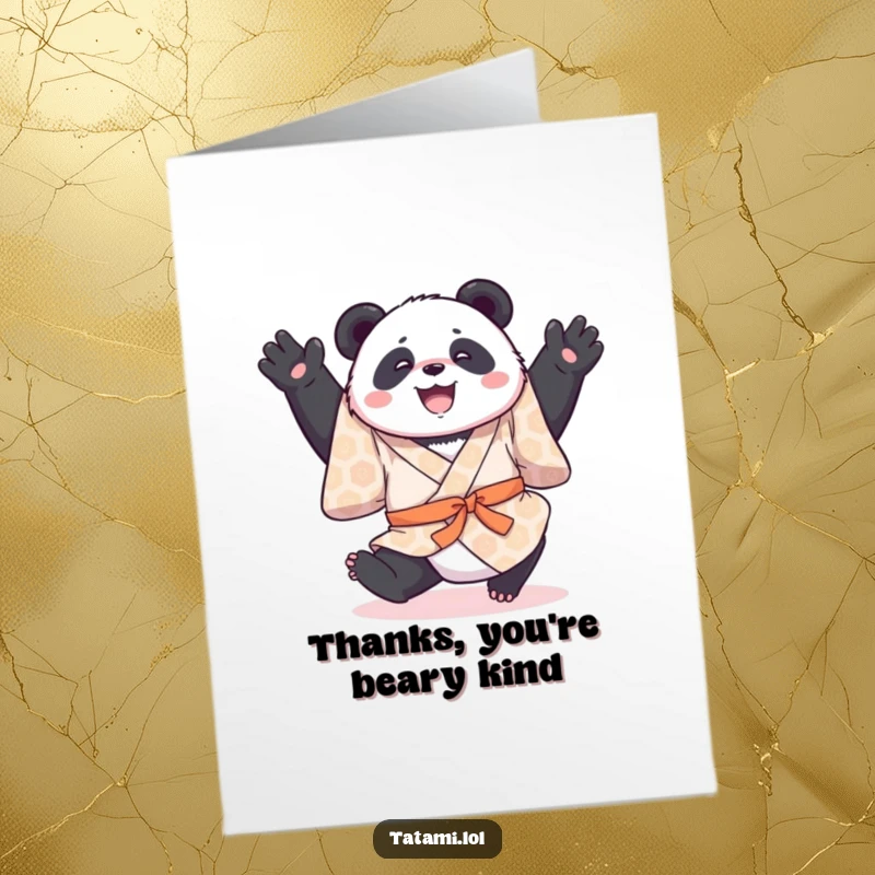 Funny Free Printable thank you card featuring a joyful panda in a kimono, doing a gentle somersault to show appreciation.