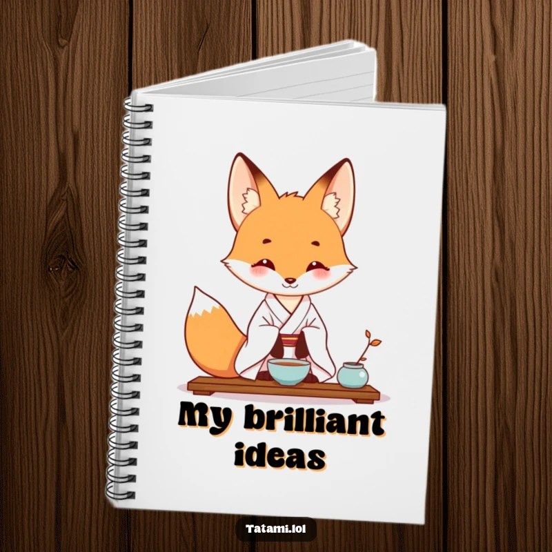 Funny notebook with a fox in a kimono, focused on a tea ceremony, inspiring creative writing and organization.