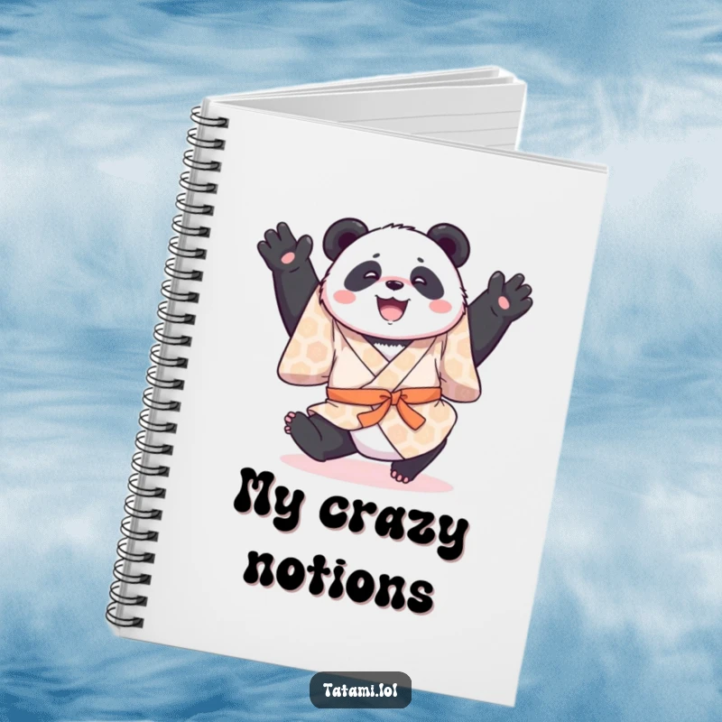 Funny notebook with a joyful panda in a patterned kimono, mid-somersault, inspiring creativity and organization.