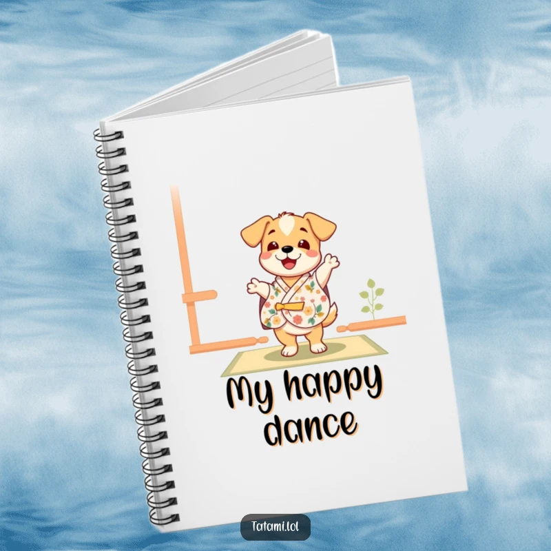 Funny puppy character in a floral kimono, dancing happily on a tatami mat, a cute and inspiring notebook.