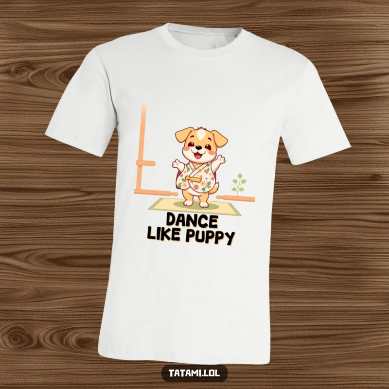 Funny happy puppy character in a floral kimono, performing a delightful dance on a tatami mat, a playful graphic tee.