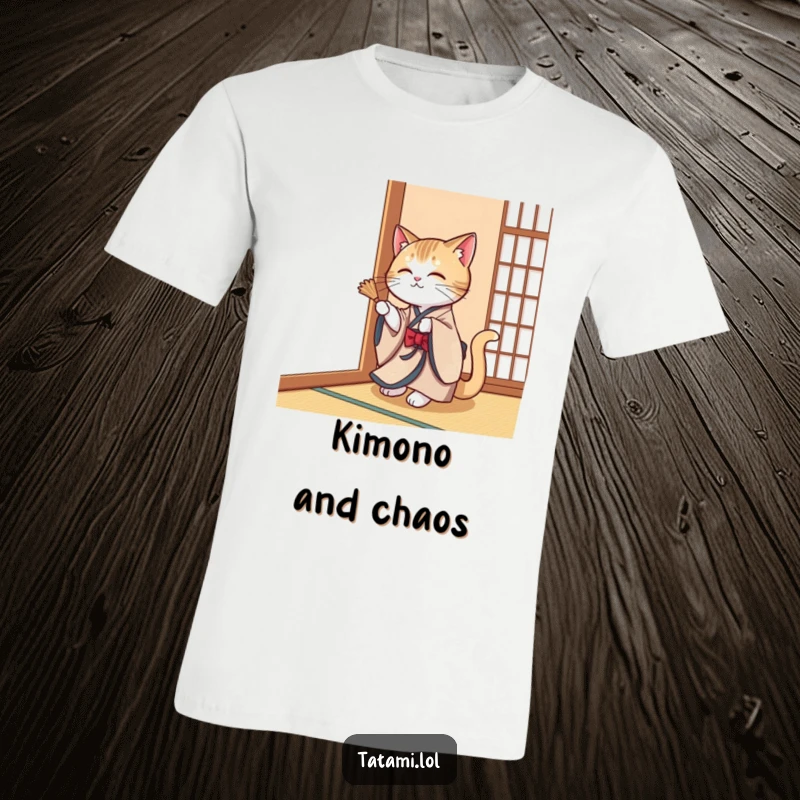 Funny cat in an elegant kimono, playfully batting at a tatami mat corner on a t-shirt.
