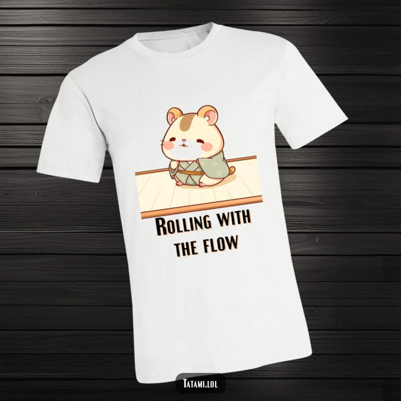 Funny Hamster Kimono T-Shirt: Chubby hamster in a kimono rolling joyfully over tatami, a super funny and cute design.