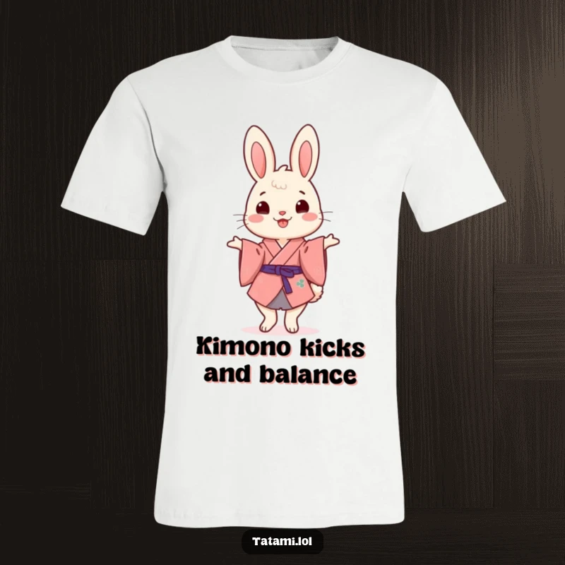 Funny Kimono Rabbit T-Shirt: Cheerful rabbit in a kimono, gracefully balancing on hind legs, a comical and heartwarming design.