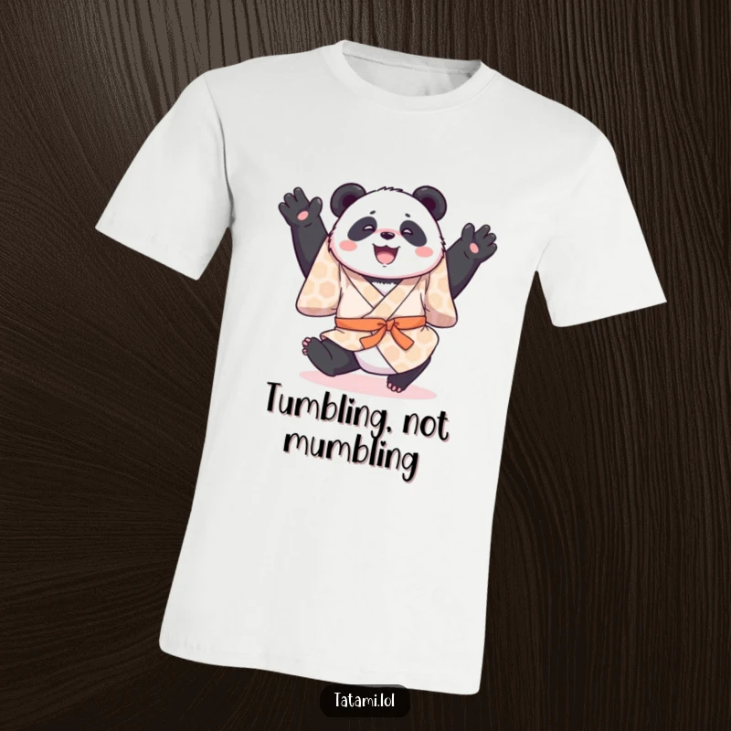 Funny t-shirt with a joyful panda in a patterned kimono, captured mid-somersault, radiating happiness and energy.