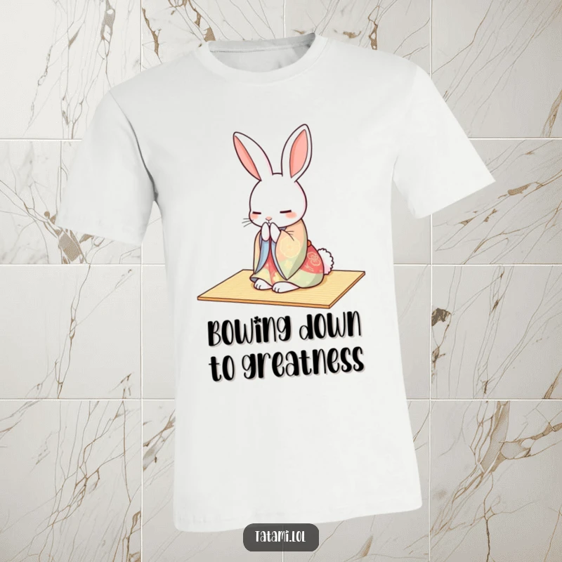 Funny rabbit in a colorful kimono, gracefully bowing on a tatami mat, on a t-shirt.