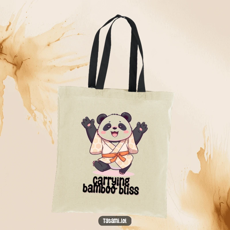 Funny tote bag with a joyful panda in a patterned kimono, mid-somersault, ready for shopping and errands.