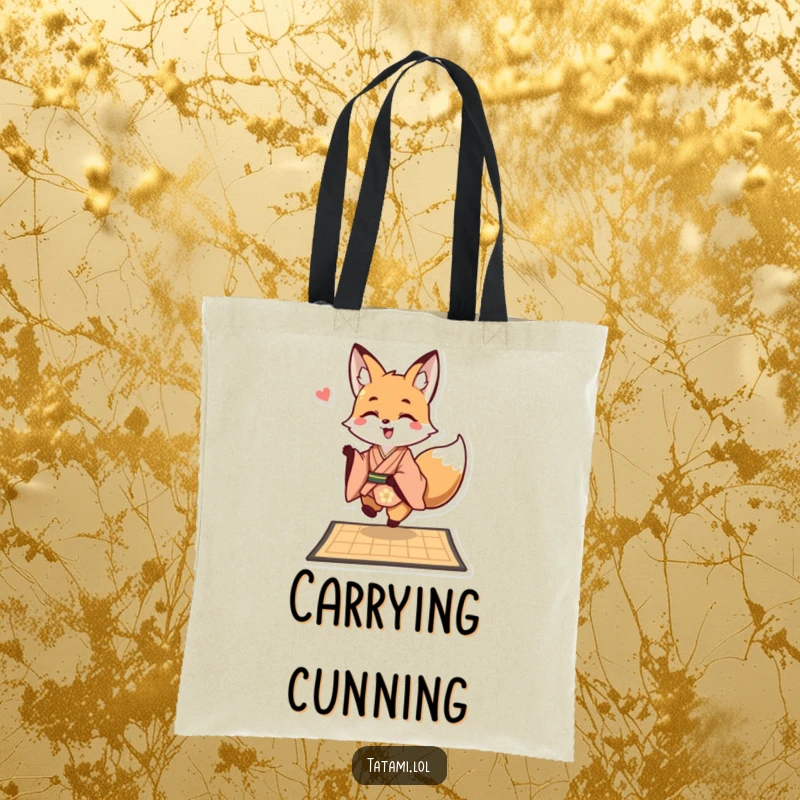 Funny fox wearing a kimono on a tote bag, playfully hopping onto a mat, a cute and functional accessory.
