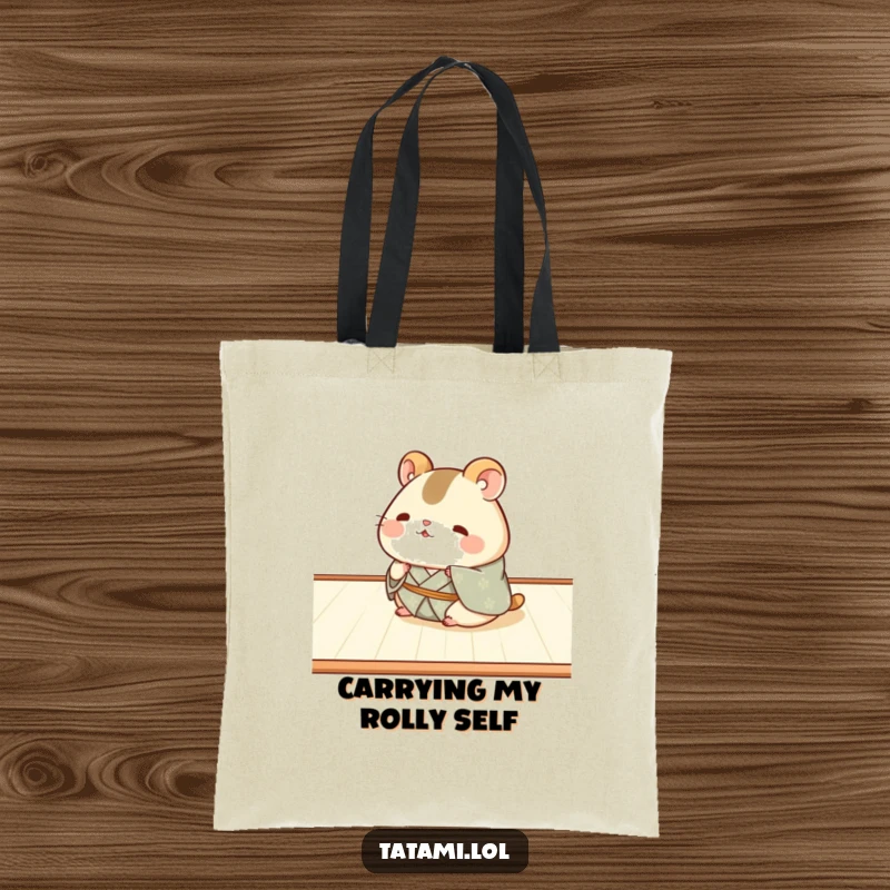 Funny Hamster Kimono Tote Bag: Chubby hamster in a kimono humorously rolling on tatami, a spacious and funny accessory.
