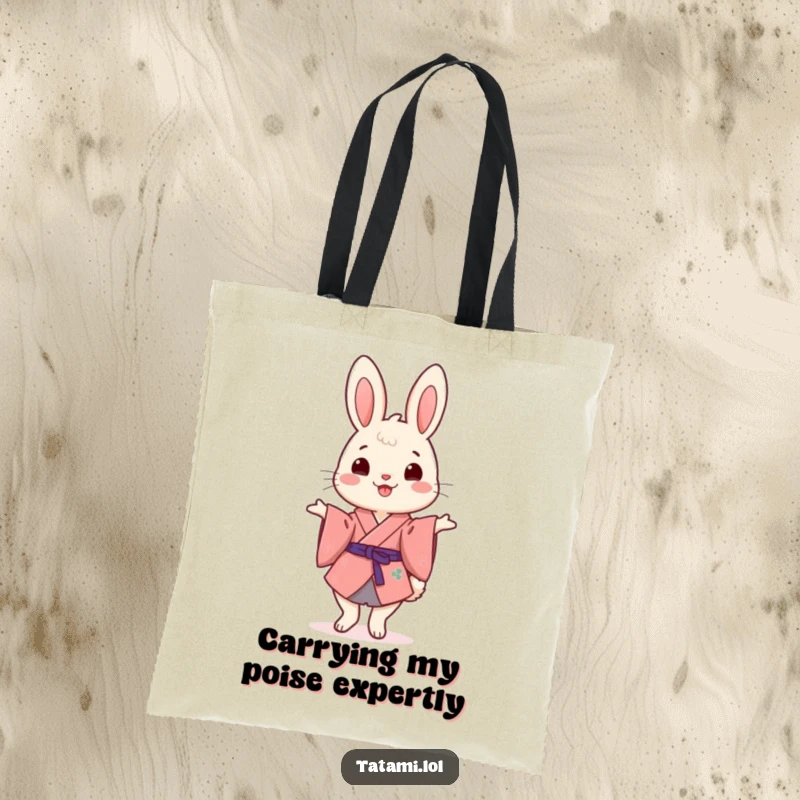 Funny Kimono Rabbit Tote Bag: Cheerful rabbit in a kimono humorously balancing on hind legs, a durable and funny accessory.
