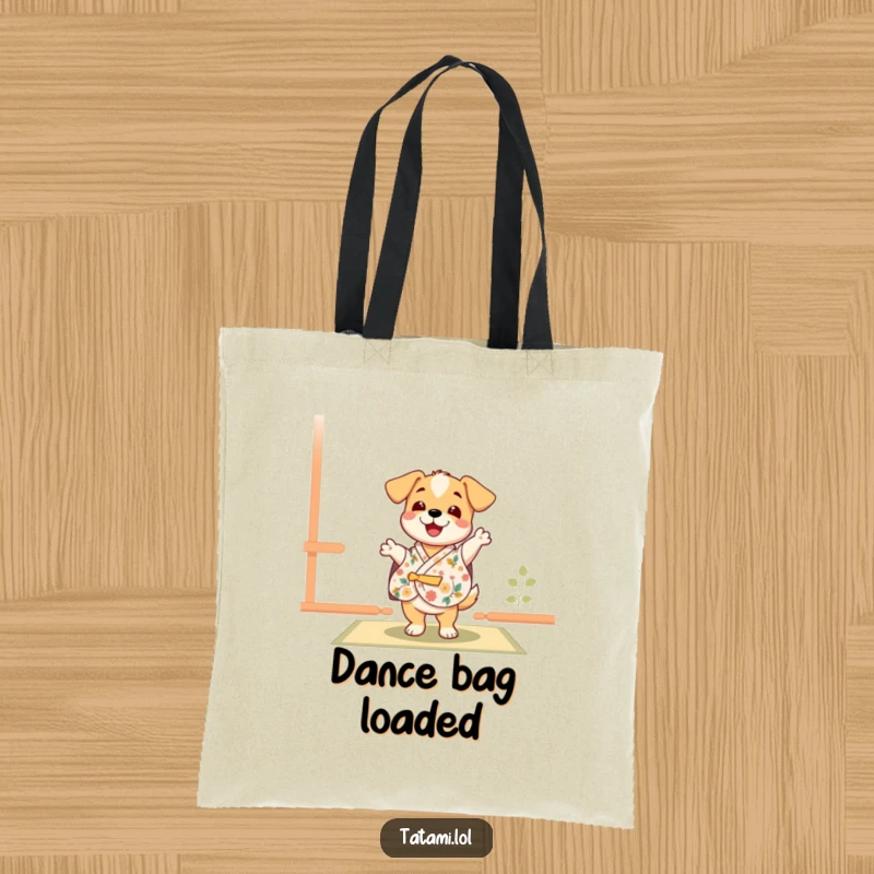 Funny delighted puppy in a floral kimono, dancing happily on a tatami mat, a cute and practical tote bag.