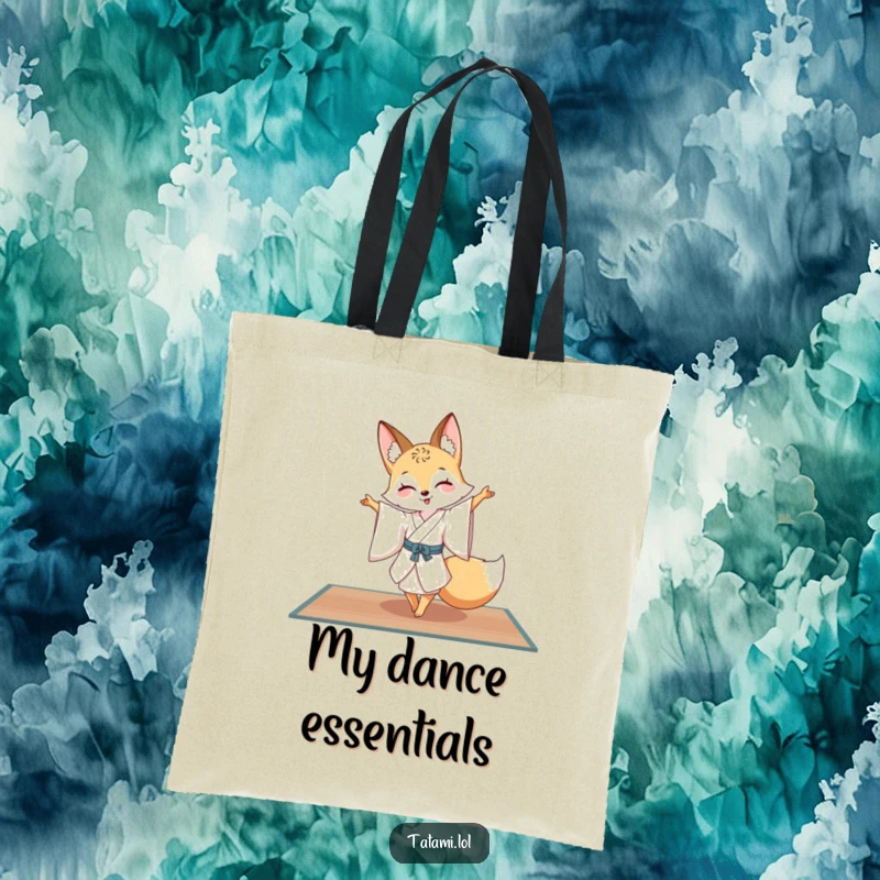 Funny fox character in a silk kimono, mid-pirouette on a tatami mat, a chic and functional tote bag for artists.